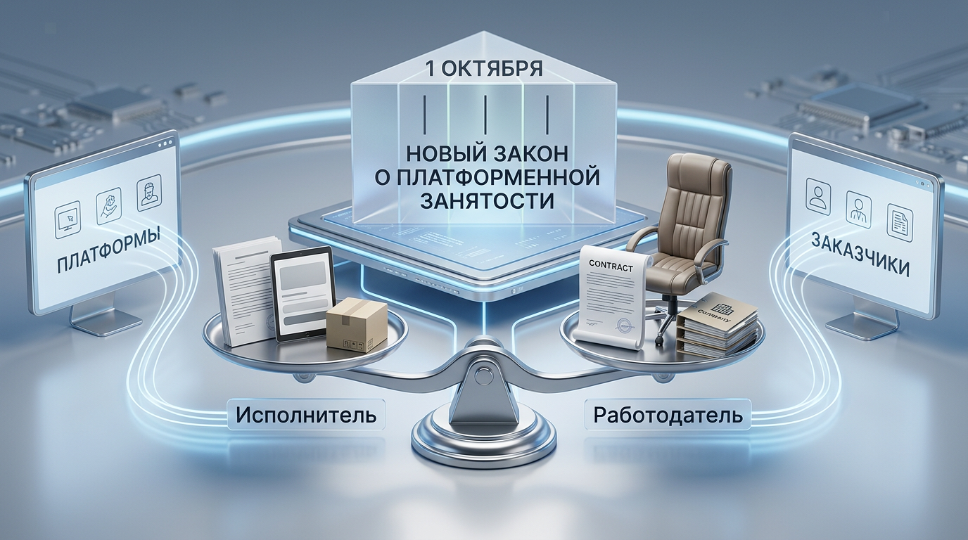 Изображение людей, работающих на ноутбуках и планшетах, символизирующее платформенную занятость и новые правила.